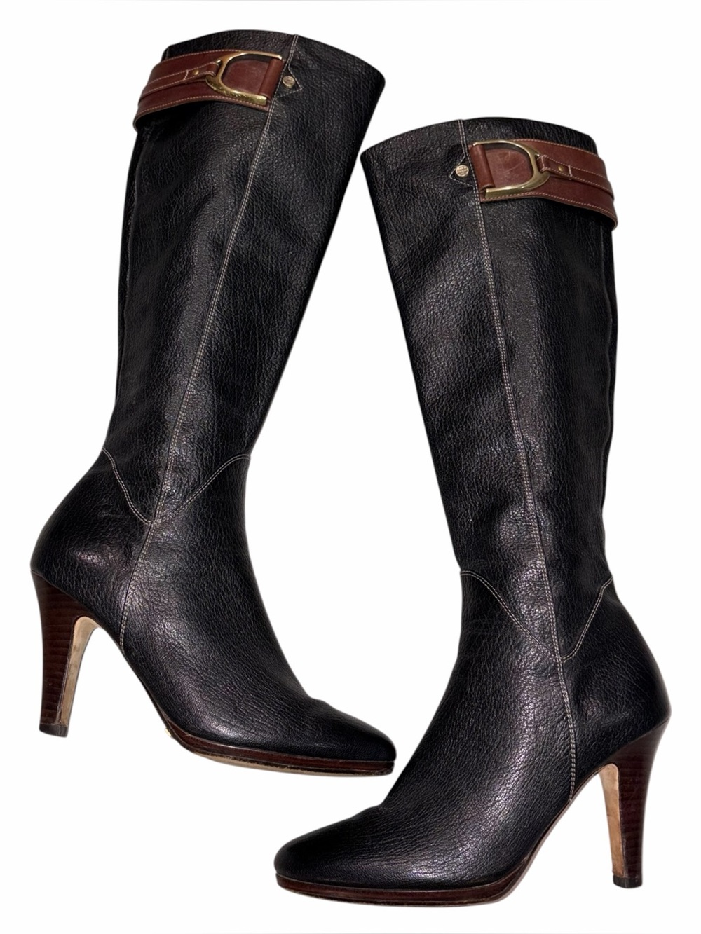 Cole Haan Black Pebbled Leather Sierra Knee High Tall Heeled Boots size 6.5